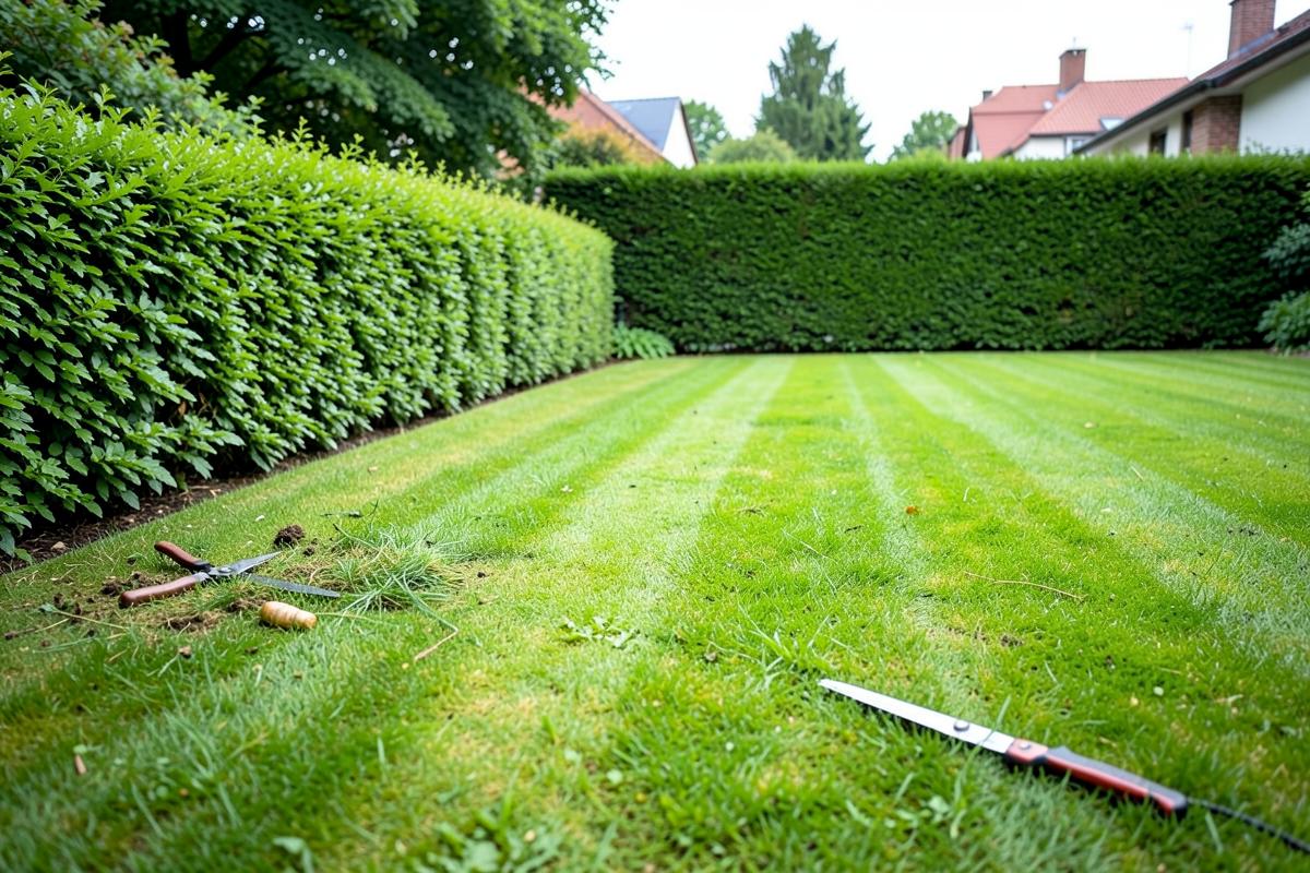 Frisch gemähter Rasen und geschnittene Hecke in einem Garten