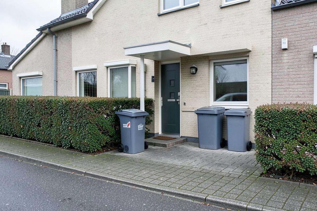 Gepflegter Hauseingang mit bereitgestellten Mülltonnen